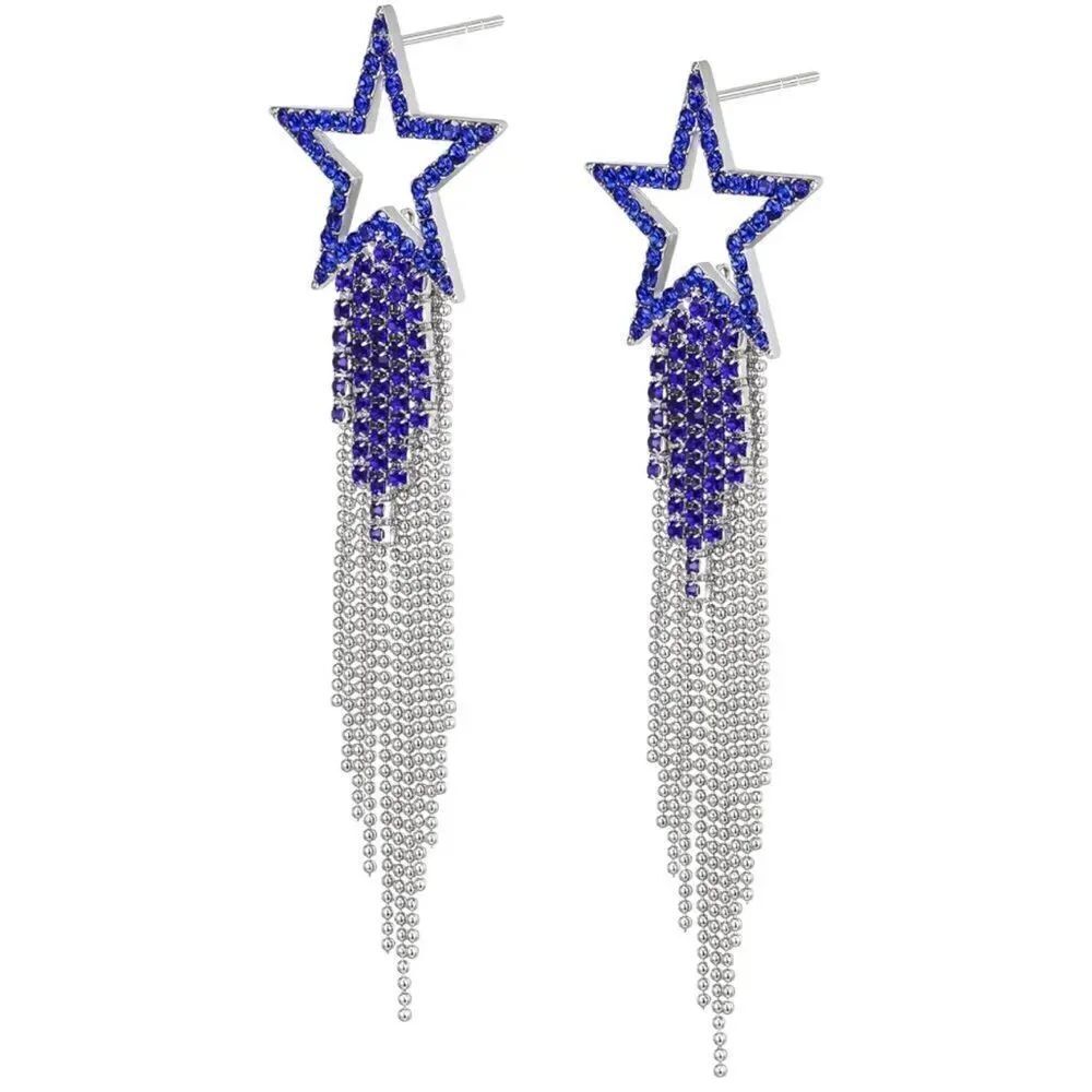 Silver with Blue Sapphire Crystal Star Beaded Tassel Post Back Dangling Earrings